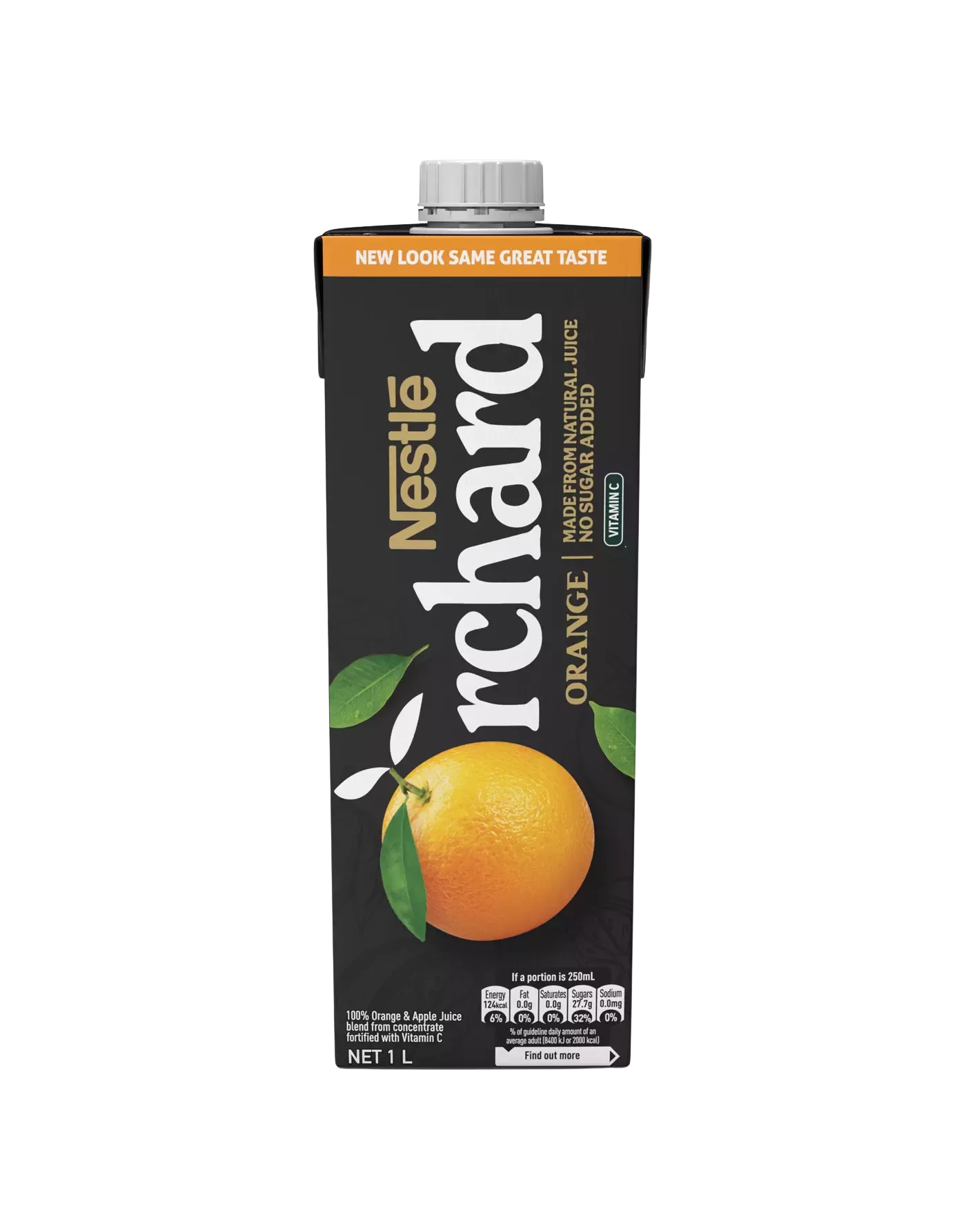 Black Orchard Juice Box: Vibrant orange and yellow band showcasing sliced oranges. Front-facing package. No added sugar.