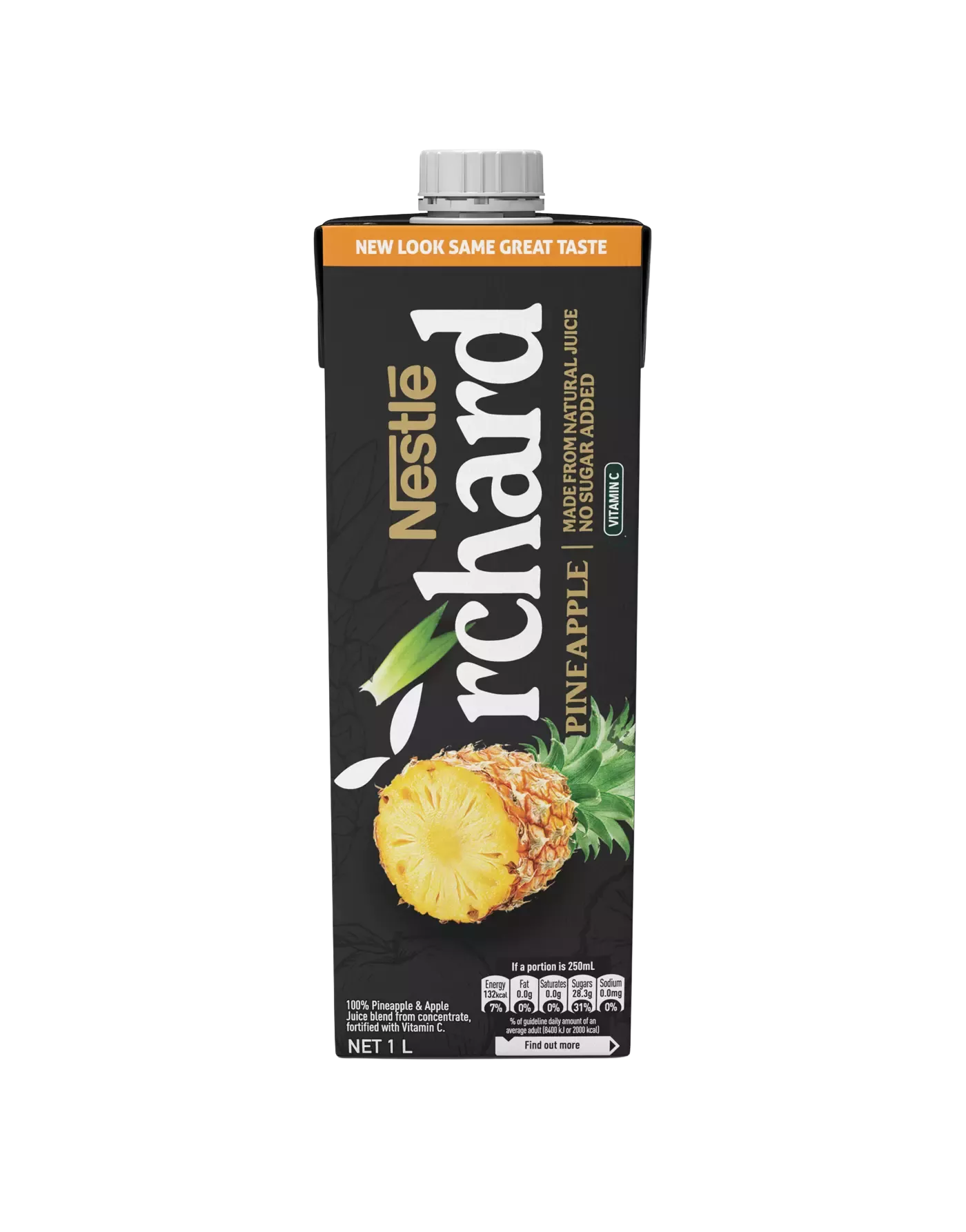 Black Orchard Juice Box: Vibrant blue and yellow band showcasing an orange sliced in half. Front-facing package. No added sugar.